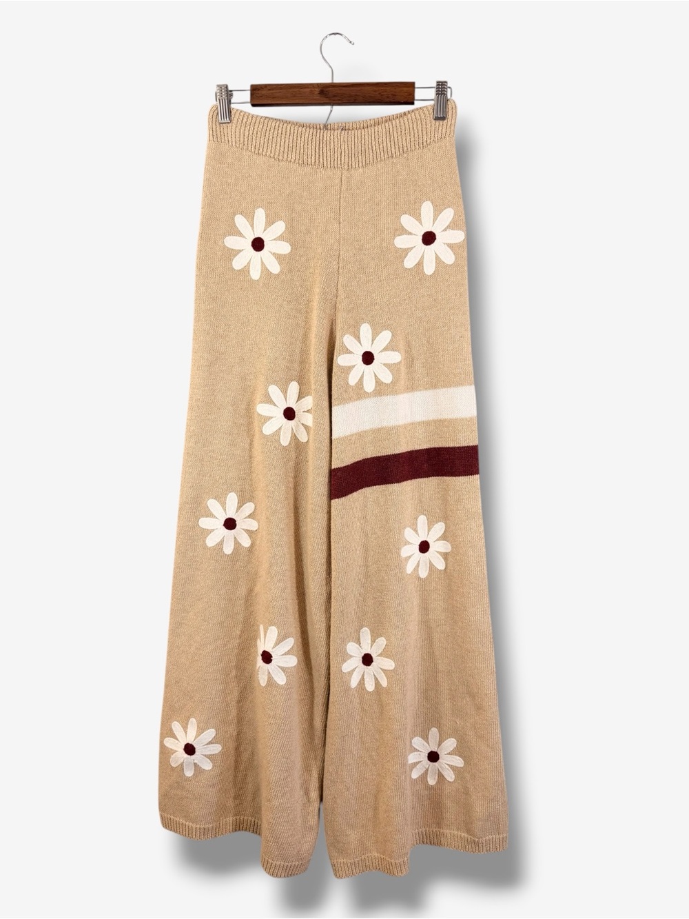 POL Wide Leg Knit Pants Size S Tan Brown Floral Daisy Boho Pull On Casual